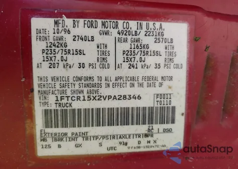 1997 Ford Ranger Splash/Stx/Xlt from USA, damaged, VIN 1FTCR15X2VPA28346